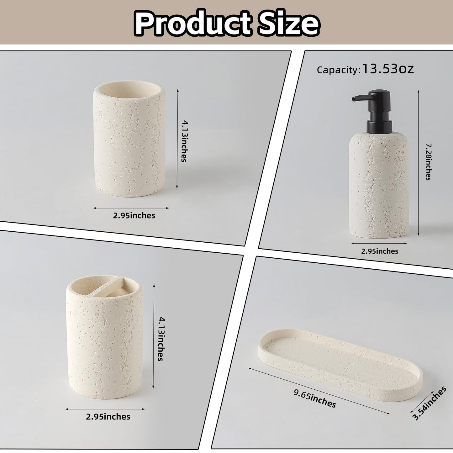 WUUAHOME Bathroom Accessories Set, 4 Piece Travertine Stone Look Collection, Modern Bath Organizer with Soap Dispenser, Toothbrush Holder, Tumbler, Vanity Tray for Countertop Kitchen Sink (Off White)