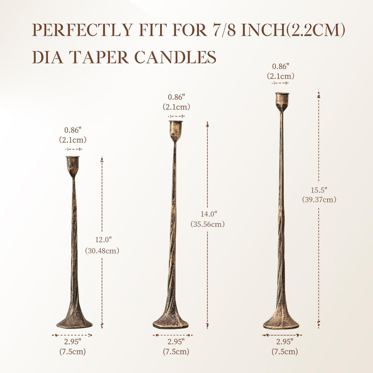 Set of 3 Candle Stick Holders, Iron Antique Gold Candlestick Holders, Fits 3/4 inch Thick Candles, Tapered Candle Holders Tall Set for Dining Table, Wedding, Home Decoration