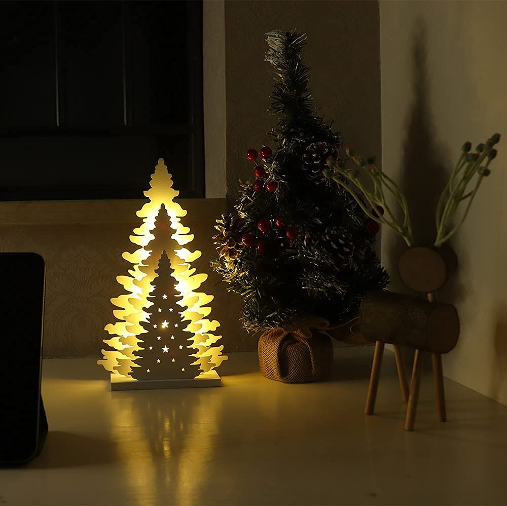 Supergorea Wooden Christmas Tree Tabletop Decor, LED Wood Craft Christmas Trees Light 2AA Battery Powered 10 inch for Xmas Home Decorations(Indoor)