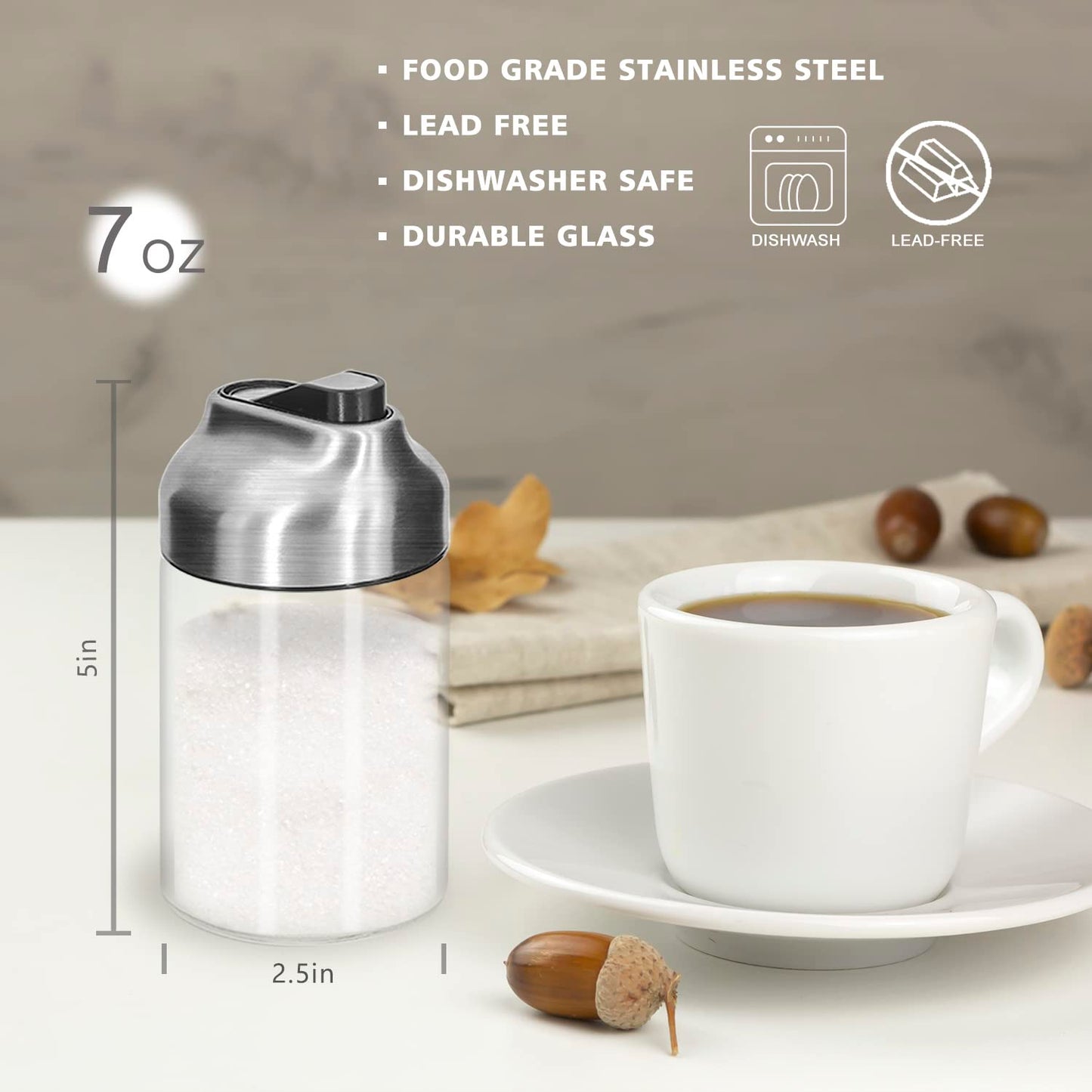 Aelga Glass Sugar Dispenser with Pour Spout + Salt and Pepper Shakers Set