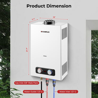 CAMPLUX Portable Propane Water Heater 2.64 GPM, Camping Water Heater with 3.3 GPM Water Pump Kit & Pipe Strainer, 68,000 BTU, BD264P120