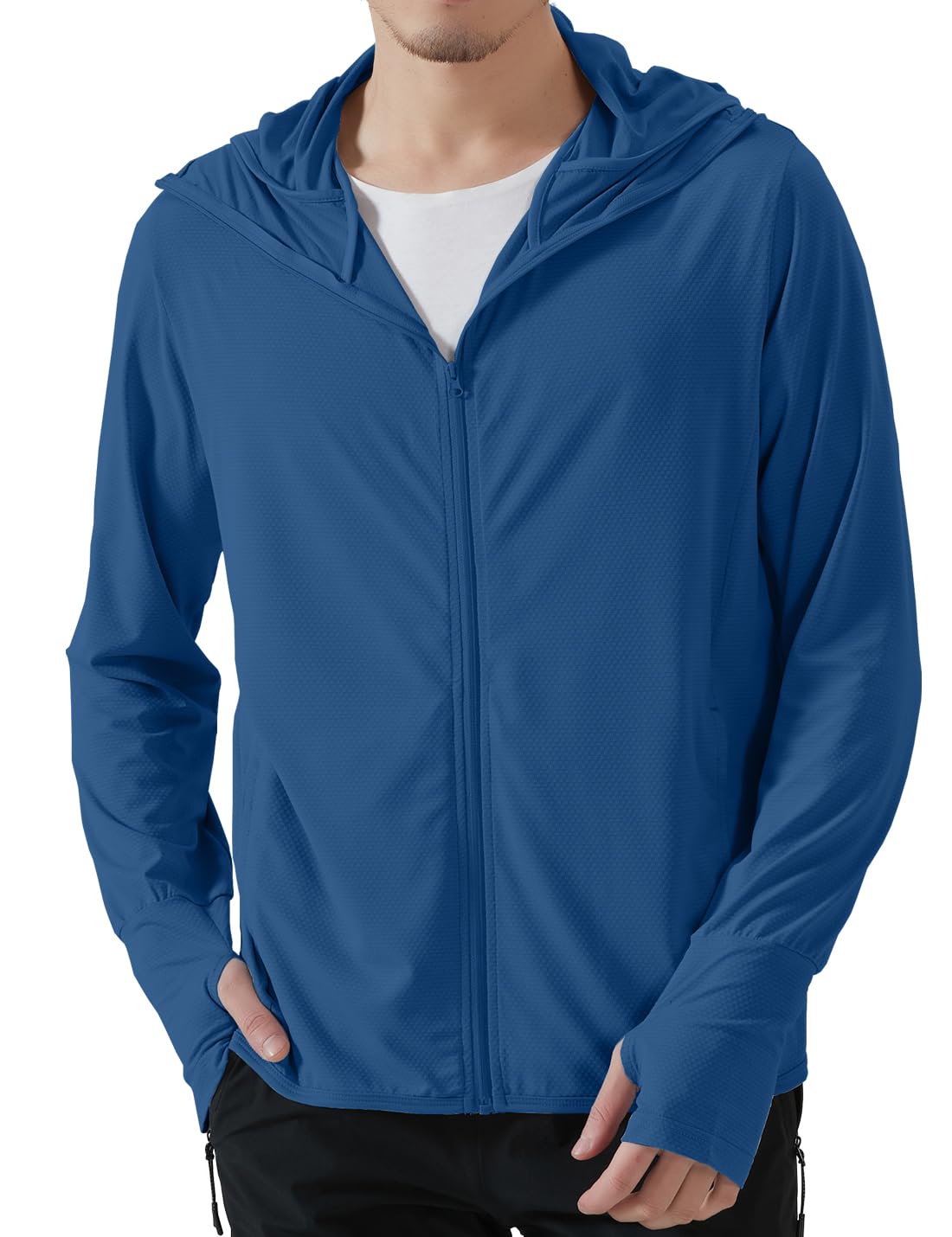 Locachy Men's UPF 50+ Sun Protection Outdoor Lightweight Full Zip Hoodie Jacket Long Sleeve Fishing Hiking Performance Shirt Dark Blue M