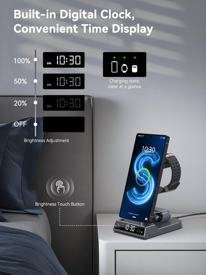 Wireless Charger for Samsung Charging Station with Clock for Samsung Galaxy S25 Ultra/S24/Z Flip 7/Z Fold 6/Bud, 3 in 1 Android Charging Station, Watch Charger for Samsung Galaxy Watch 8/7/6/5 (Grey)
