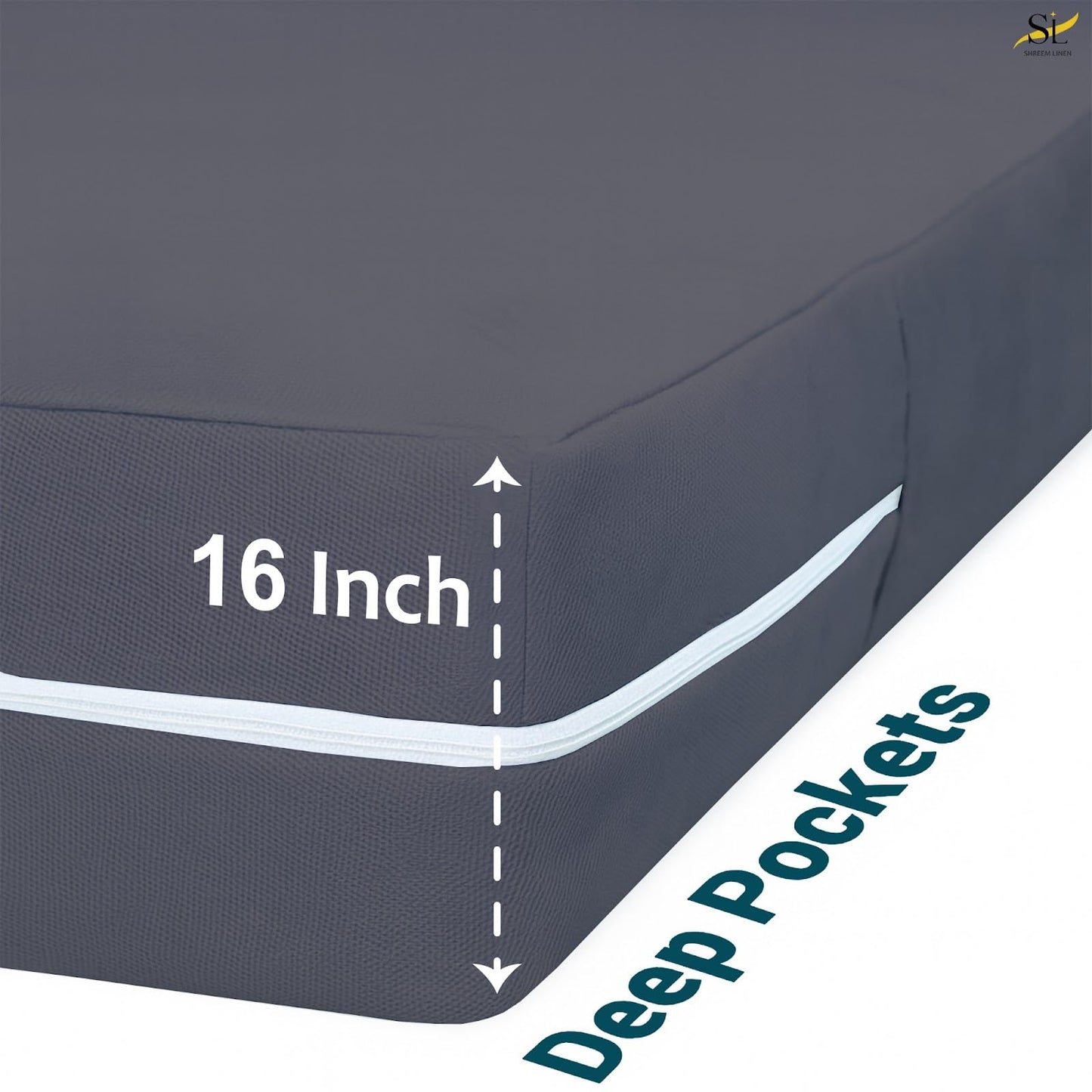 Mattress Protector Queen Size 100% Waterproof Zippered Cover, 15 Inches Deep, Six-Sided Mattress Encasement for Bed, Zipper Closure Style (Dark Grey)