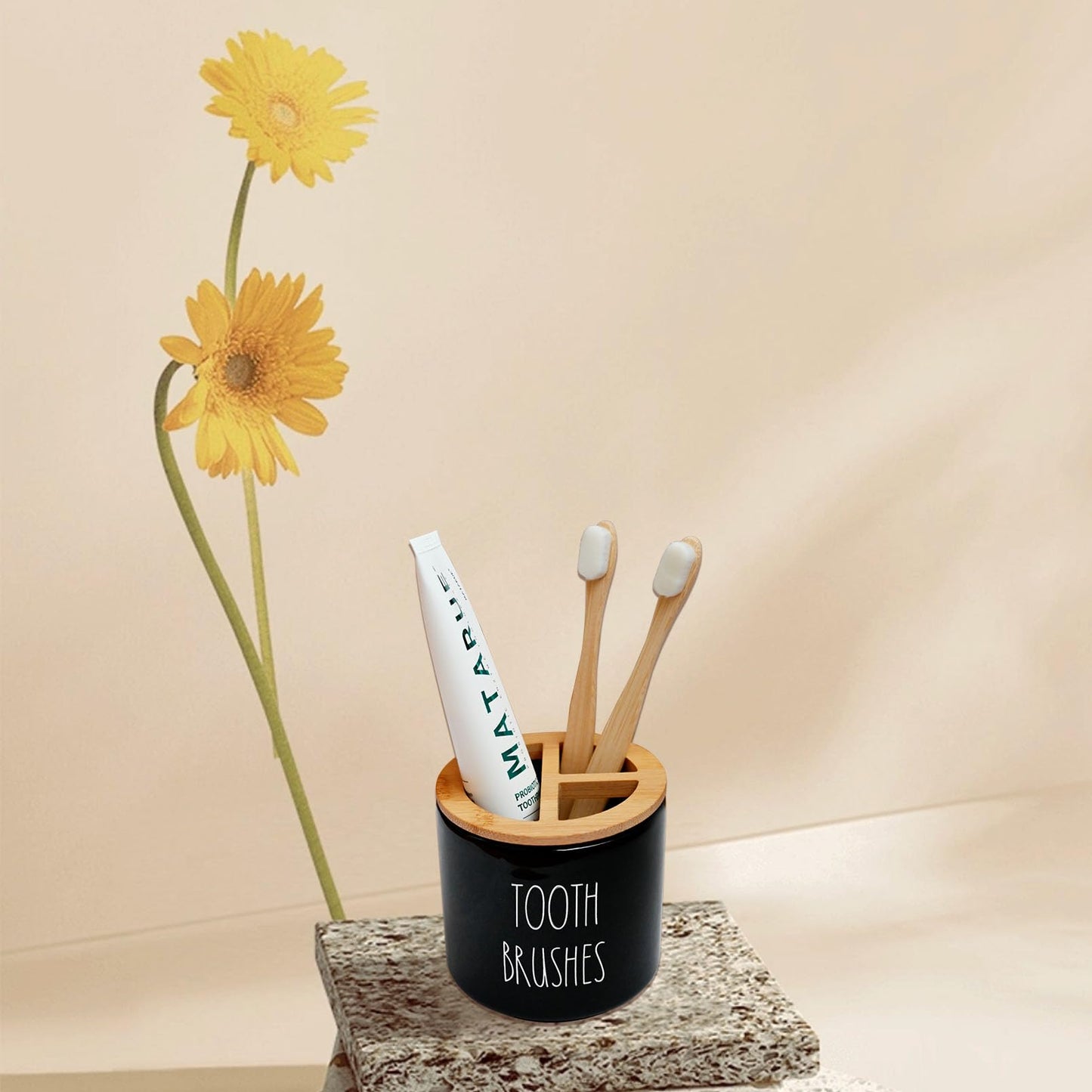 Toothbrush Holders for Bathroom, Farmhouse Tooth Brush Holder, Ceramics Tooth Brushing Stand with Bamboo Lid, Electric Toothbrush Holder, Cute Shower Toothbrush Toothpaste Holder Set (Black)
