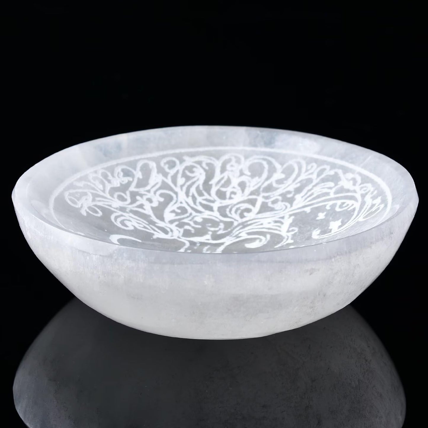 AMOYSTONE Natural Selenite Charging Bowl with Tree of Life Engraving 3.5-4'' Energy Cleansing Crystal Plate for Healing Meditation and Spiritual Home Decor