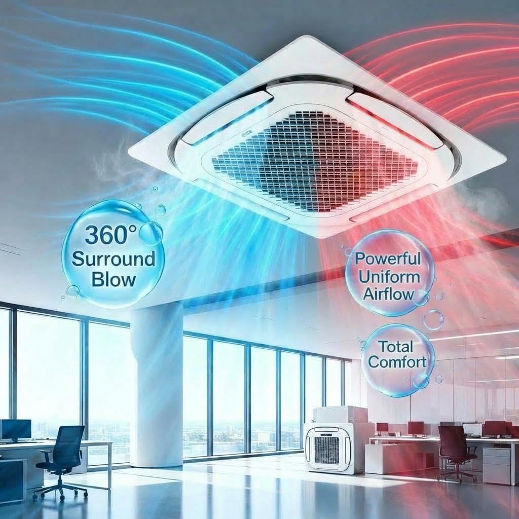 9000 BTU Ceiling Cassette Mini Split Air Conditioner & Heater – 360° 8-Way Airflow, Remote Controlled, Whisper-Quiet, 208/230V, R454B Refrigerant, 25ft Installation Kit, Ultra-Slim for Home & Business