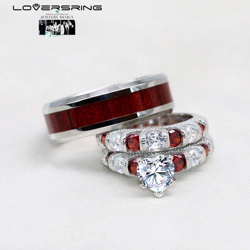LOVERSRING Two Rings His and Hers Wedding Ring Sets Couples Rings White Gold Plated Stainless Steel Wedding Engagement Ring Bridal Sets Men's Tungsten Carbide Band