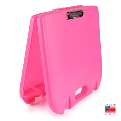 DEXAS Portable Lap Desk with Storage, Integrated Handle, Exterior Wire Clip, 18”x 15.25”x 1.38” Pink w/White Latch