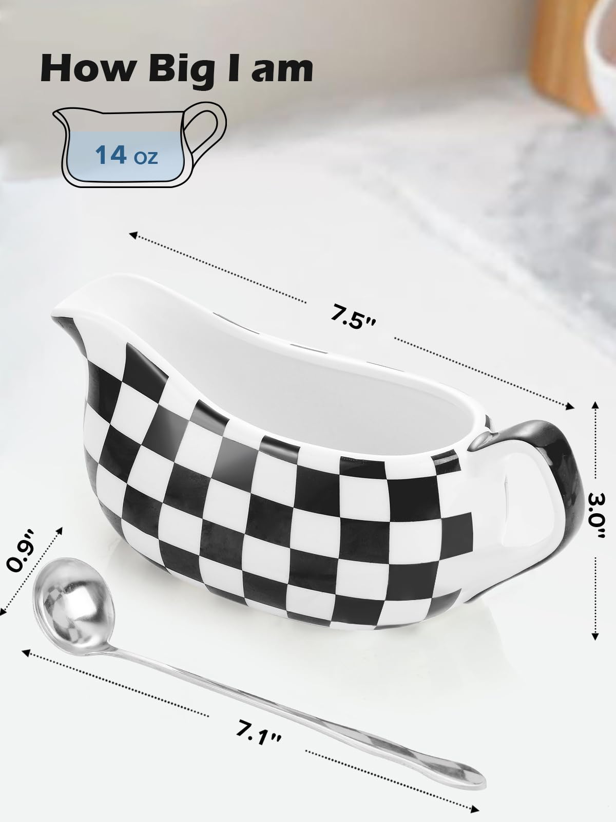 LoeJan Gravy Boat with Spoon, Ceramic Sauce Serving Dish, Easy-Pour Big Dripless Lip Spout Serveware Set For Salad Cream Milk Broth Black Pumpkin Thanksgiving