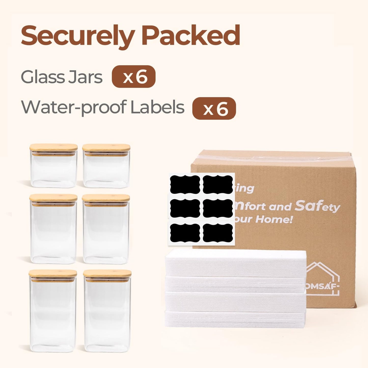ComSaf Glass Storage Containers With Lids 6-Pack (0.7qt/1.2qt/1.6qt), Glass Pantry Storage Containers, Rectangular Glass Jars With Lid, Glass Canisters For Kitchen Flour Cereal Sugar Tea Coffee Bean