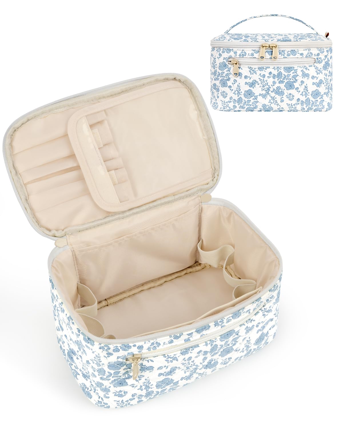 Travel Makeup Bag with Brush Compartment, Large Cosmetic Bags, Quilted Fabric Makeup Case with Handle, Water-Resistant for Women, Blue Flower (Patent Pending)