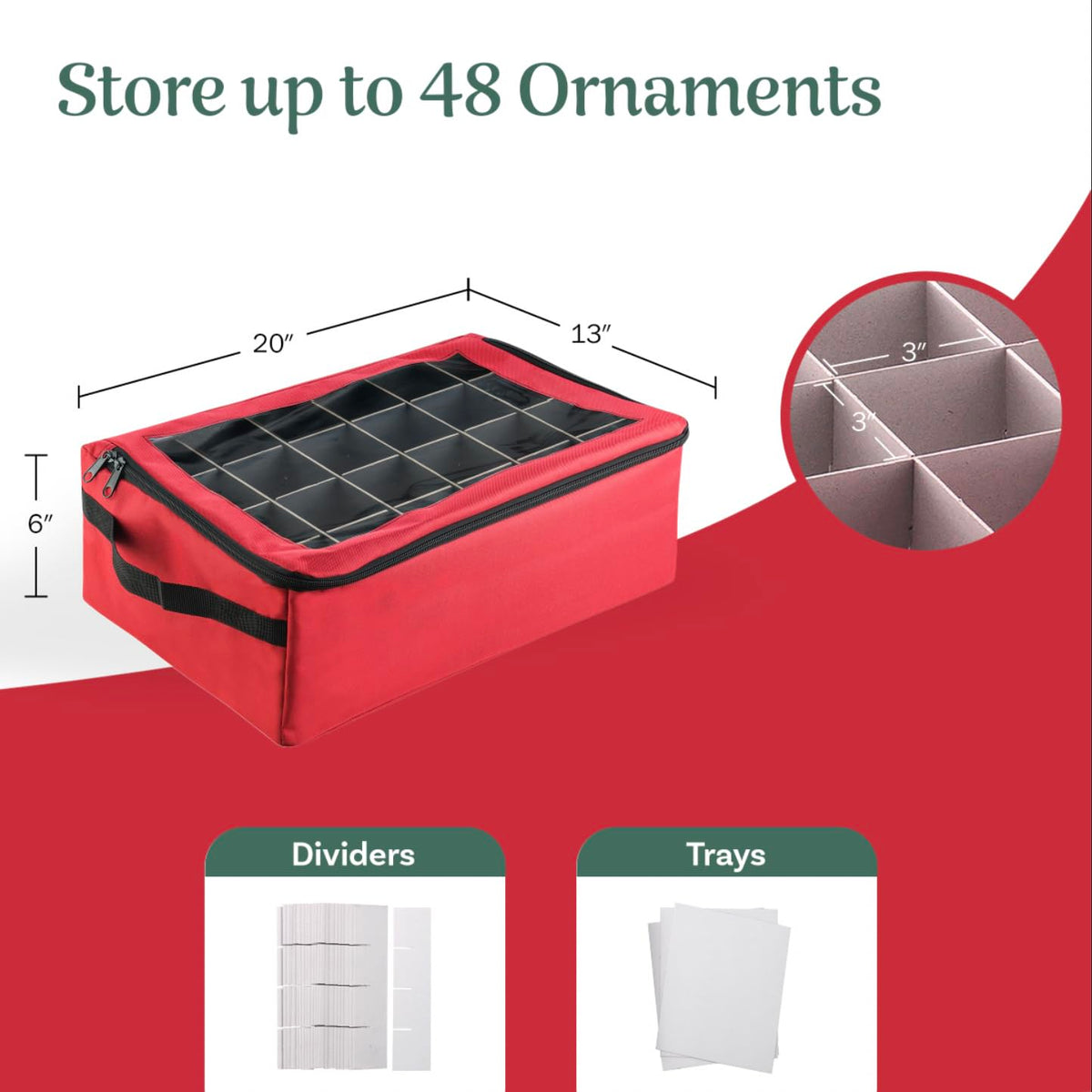 Ornament Storage Box - Zippered Lid Organizer with 48 Individual Compartments and Dividers for Christmas Bulbs and Decorations by Tiny Tim Totes (Red)