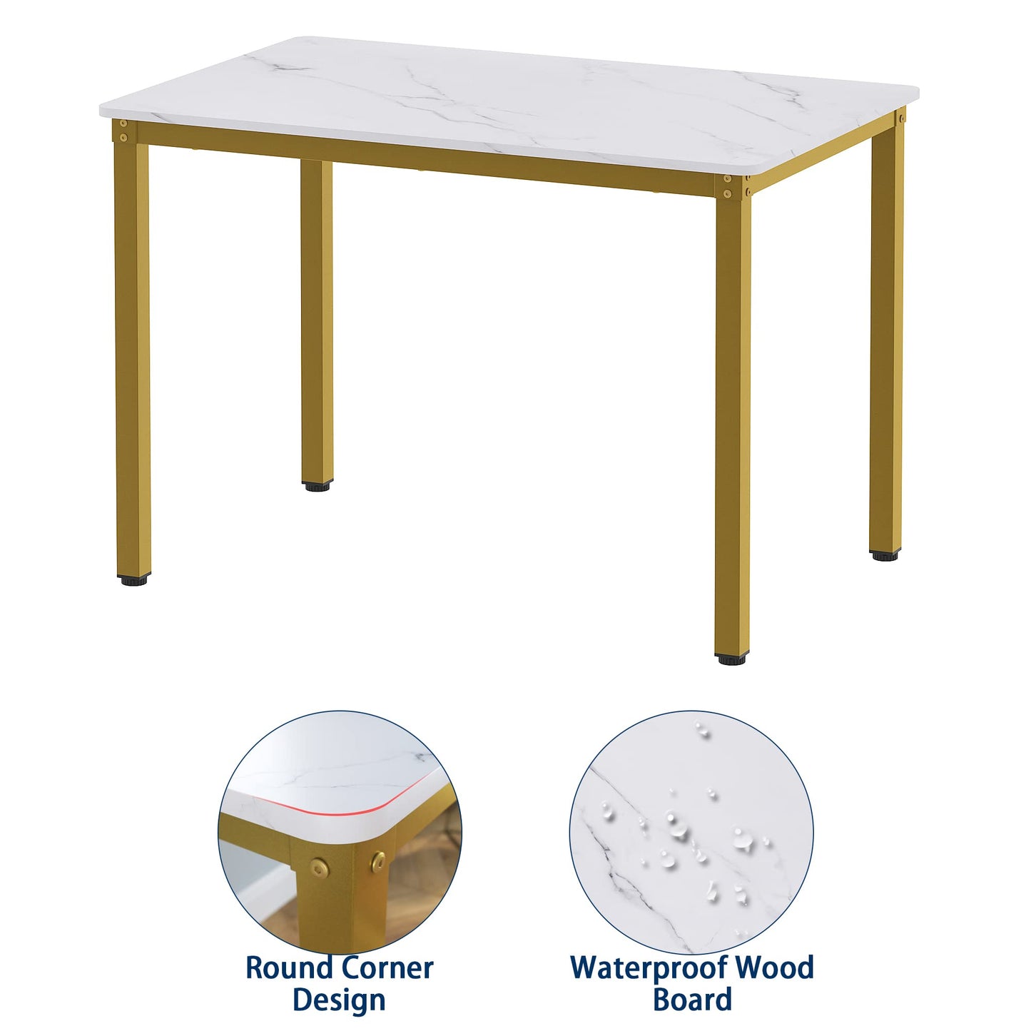 Teraves Dining Table Set for 4/Computer Desk,Kitchen Table with 2 Chairs and a Bench,Table and Chairs Dining Set 4 Picce Set for Dining Room (White Marbling+ Gold Frame,110CM)