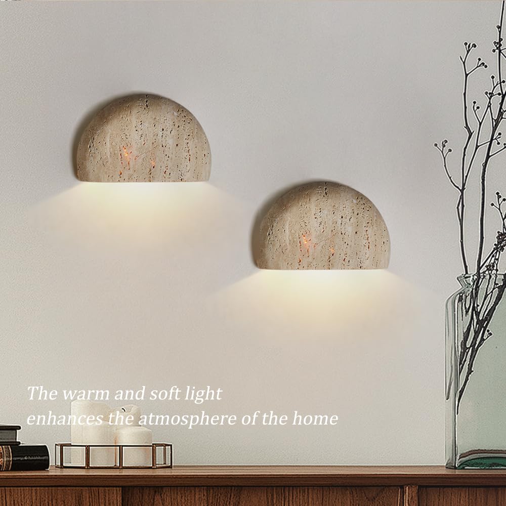 WOSBO Yellow Travertine Wall Sconce, 7.87" Wabi Sabi Light Fixture with Half Moon Natural Stone Lampshade Japanese Style Marble Wall Sconce Perfect for Kitchen Island Bedroom Living Room Farmhouse