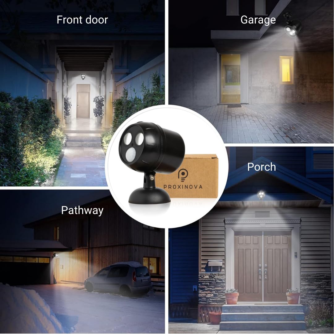 Proxinova Outdoor LED Security Lights, Motion Sensor Lights Outdoor, Outdoor Lights Battery Powered, PIR Sensor, Bright LED Floodlight Battery Powered Outdoor Lights, Compact & Easy Fit, 2 Pack
