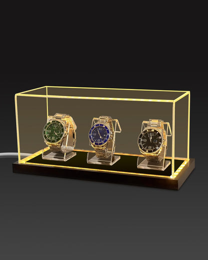 VINJKZQ Acrylic Watch Display Case for 3 Watches, Premium 3mm Thick Dustproof Collector's Box with Solid Wood LED Light Base, USB Powered Watch Holder Organizer Stand