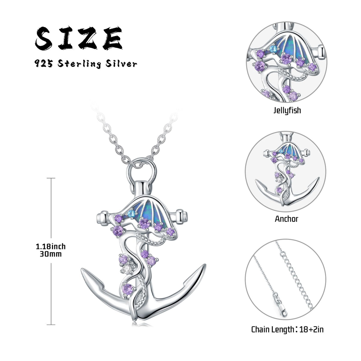 KoyeKei Jellyfish Necklace for Women 925 Sterling Silver Anchor Necklaces Jellyfish Nautical Pendant with Blue Opal Jewelry Christmas Graduation Gifts for Lover Her Mom Girlfriend
