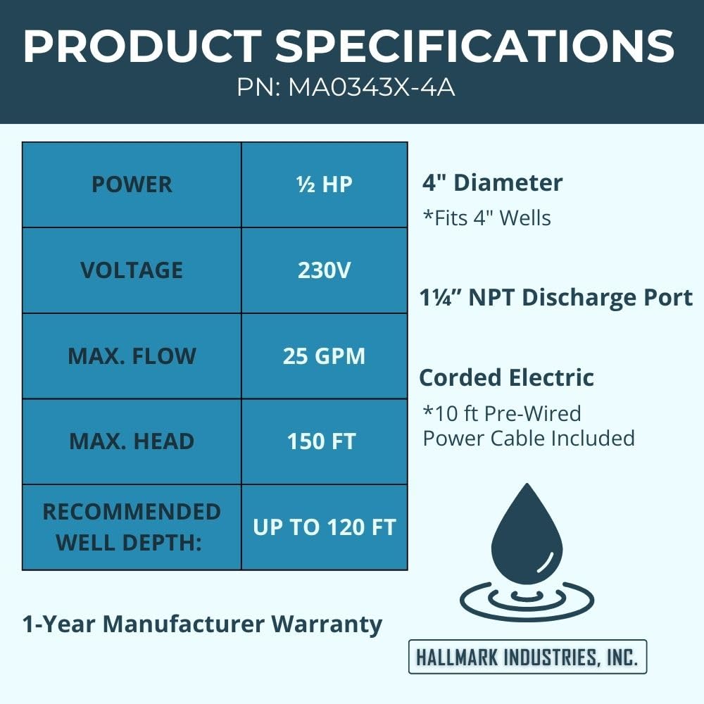Hallmark Industries MA0343X-4A Deep Well Submersible Pump, 1/2 hp, 230V, 60 Hz, 25 GPM, 150' Head, Stainless Steel, 4"