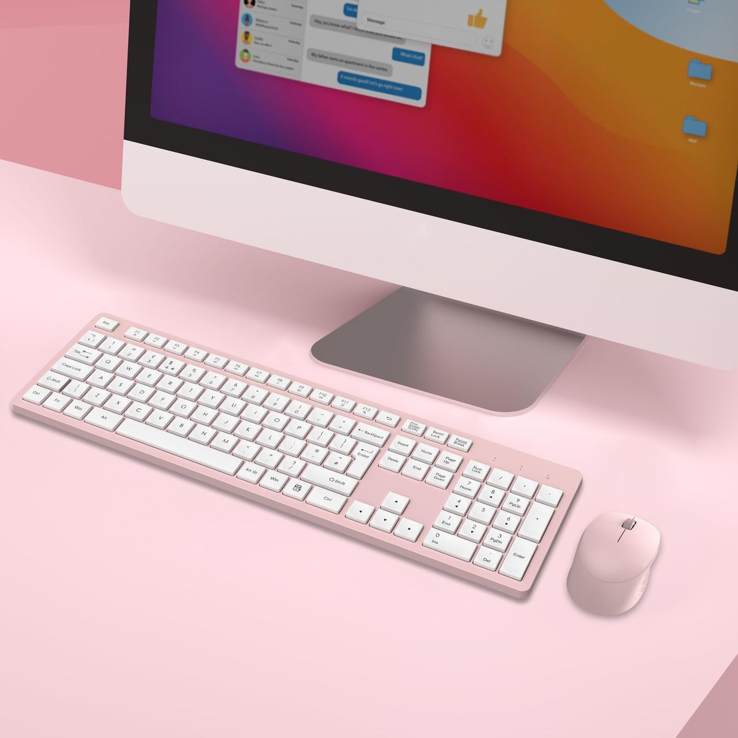 LeadsaiL Wireless Keyboard and Mouse Set, 2.4GHz USB Computer Keyboards and Mouse Combo, Ergonomic Design with 12 Multimedia Shortcuts for HP/Lenovo Laptop and Mac-Pink