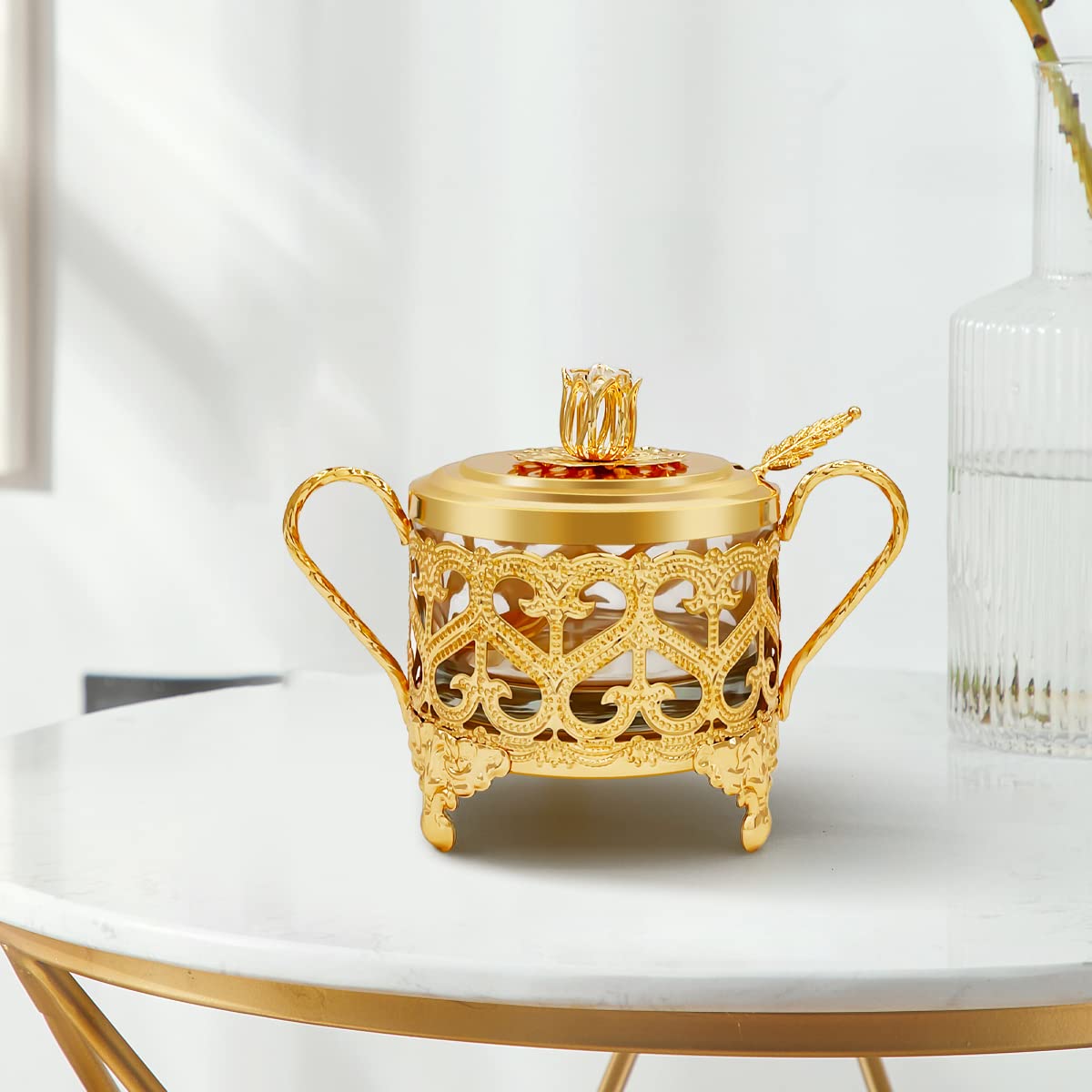 Flylin Sugar Bowl, Turkish Sugar Bowl Sugar with Sugar Spoon and Lid Dual Holder Bowl Condiment Pot Spice Glass Jar Coffee Bar Accessories Sugar Container for Home and Kitchen