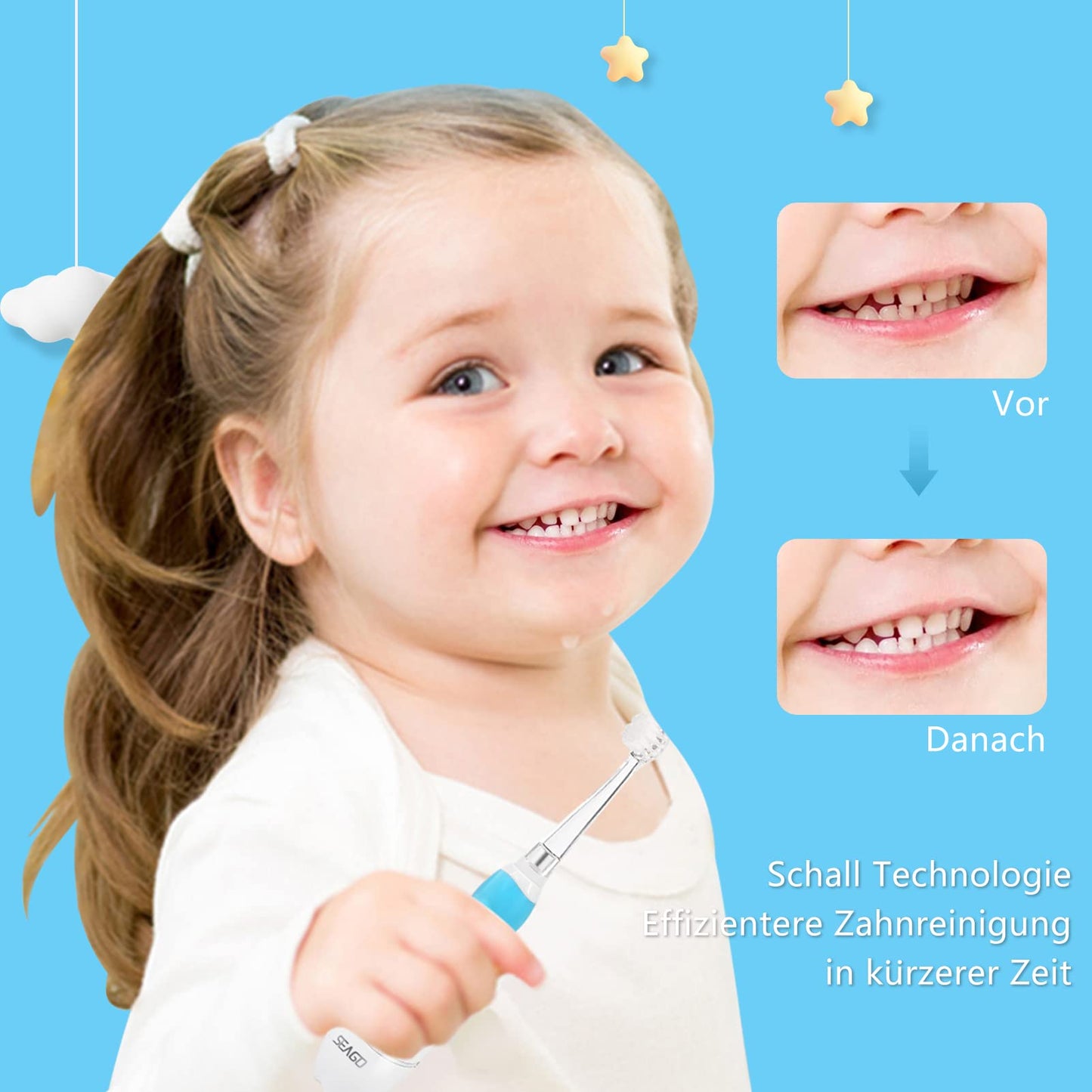 Seago Baby Toothbrush Age 0-2-3 Years Old Electric Toddler Kids Battery Powered Sonic Tooth Brush with Timer LED Light and 4 Soft Brush Heads for 6 Months and Up SG513 (Baby Blue)