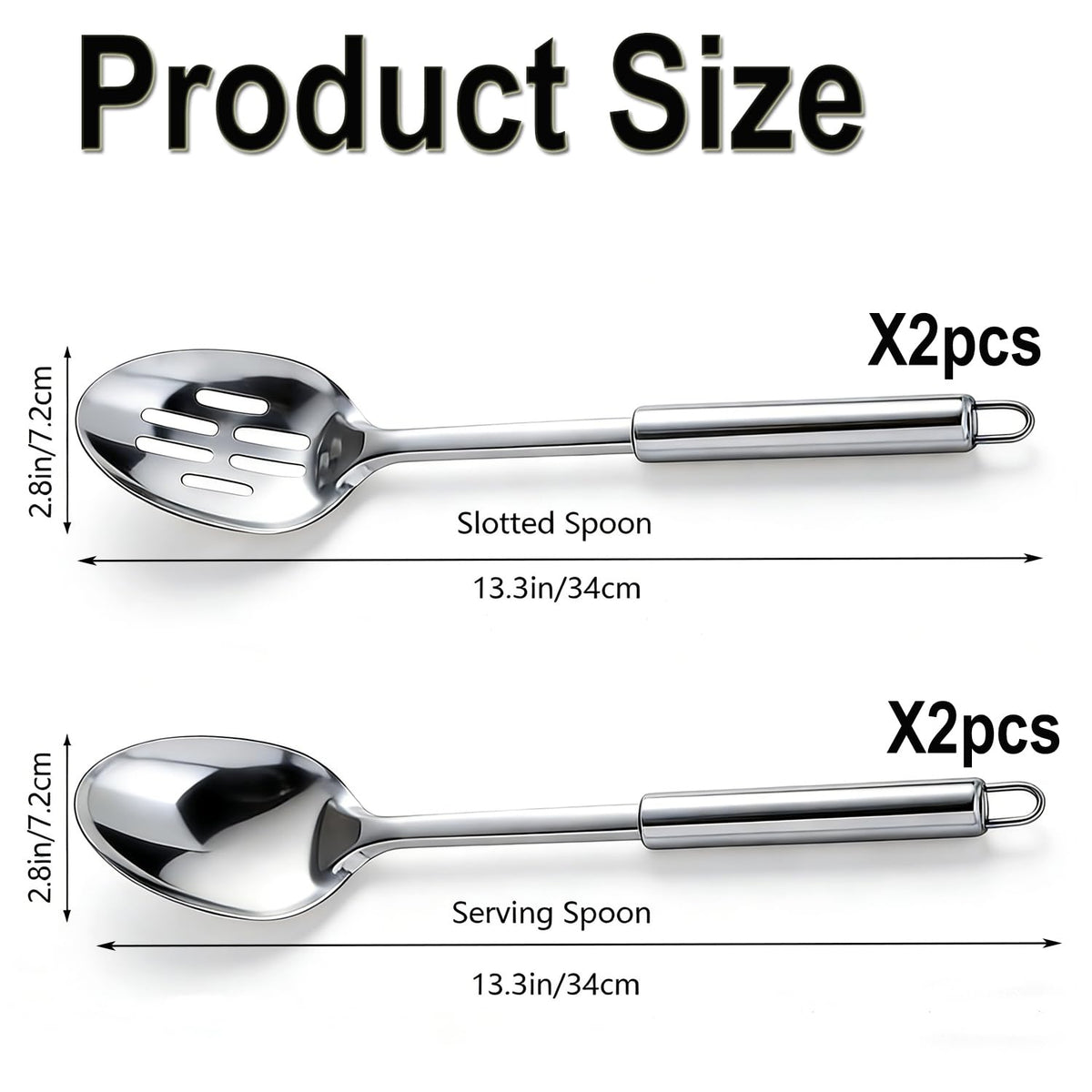 4 Pack Stainless Steel Cooking Spoon Set,Kitchen Large Cooking Spoons with Round Handle,Polished Metal Slotted Spoon &Serving Spoon, Heat Resistant Basting Spoons for Cooking,Mixing and Serving Food