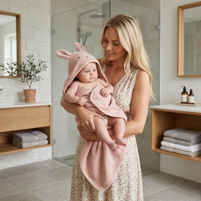 Huxie Baby Hooded Towel – Organic Cotton Baby Bath Towels – Baby Towels, Baby Bath Towels for Baby Girl, 32" x 32" Super-Soft and Absorbent Baby Towels for Newborn (Rabbit - Blush)