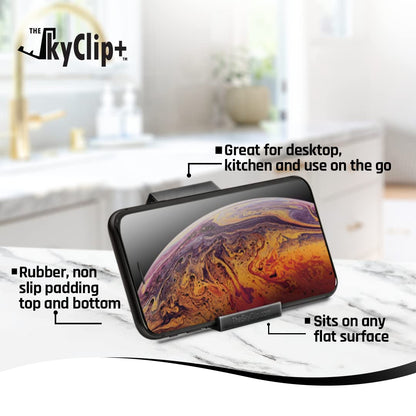 The SkyClip+ Phone & Tablet Holder for Air Travel, Home and Office Use - Inflight Phone Mount & Stand Compatible with iPhone, Android, Kindle and Tablets - Travel Accessory (Black & Black, 2 Pack)