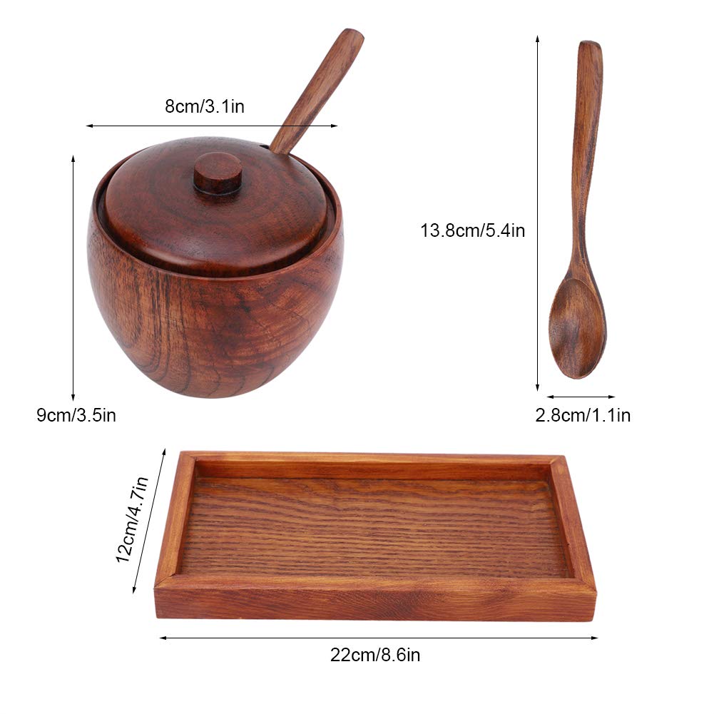 Cyrank Set of 4 Spice Jars, Wooden Condiment Jars Set with Lid and Spoon Wood Seasoning Box Sugar Salt Container Set Condiment Pots for Salt, Sugar and Pepper