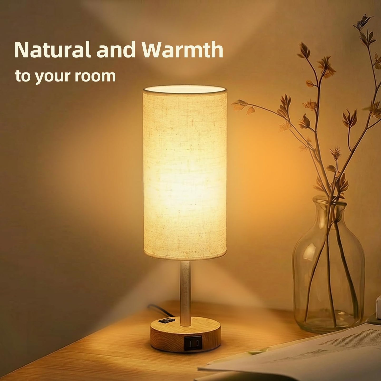 Fitfull Table Lamp for Nightstand, High-Sensitivity Touch, 3-Level Dimmable Bedside Lamp with AC Outlet | USB | and USB-C, Ideal Night Stand Lamp for Bedroom, Reading, Living Room(Warm&Wooden)