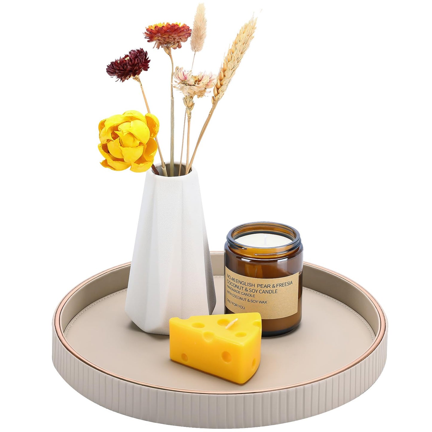 KINGFOM Round Decorative Tray, PU Leather Vanity Tray Organizer with Gold Trim for Dresser, Coffee Table & Bathroom Counter, Modern Home Decor Jewelry & Perfume Tray for Men Women (Beige)