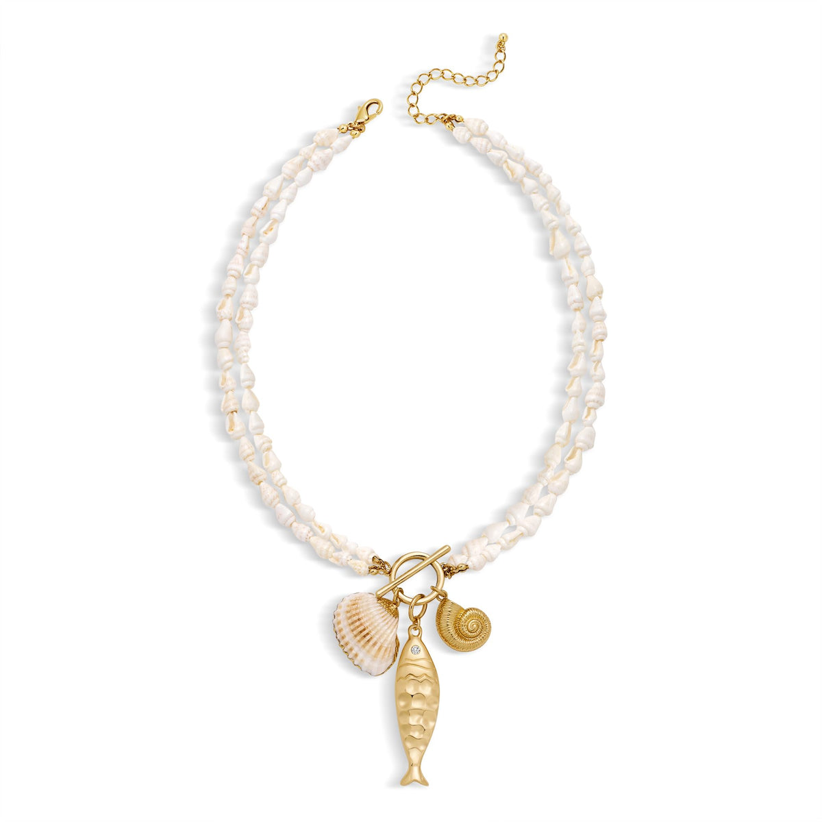 ENSKEFEN Gold Fish Necklaces for Women Double-layer White Shell Beads Necklace Mermaid Seashell Conch Pendant Necklaces Summer Beach Statement Necklace