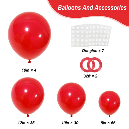 RUBFAC 135pcs Red Balloons Different Sizes 18 12 10 5 Inch for Garland Arch, Latex Christmas Balloon for Birthday Party Wedding Decorations