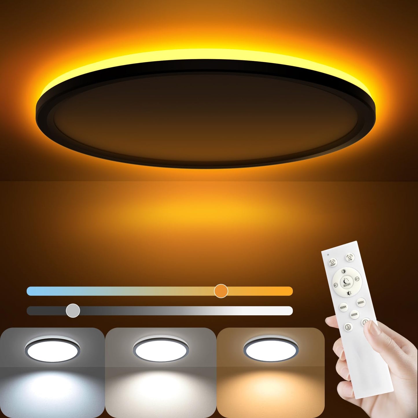 AmazeFan 12Inch LED Flush Mount Ceiling Light with Remote Control, Dimmable Night Light 1800K 3000K/4000K/6500K 24W Low Profile Hardwiring Ceiling Lamp for Bedroom LivingRoom Kitchen Hallway-Black