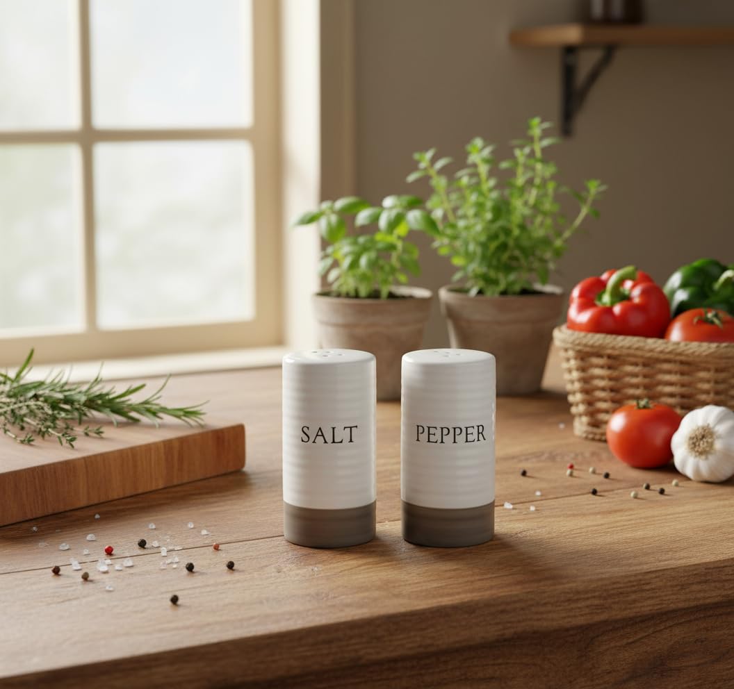 Young's Inc. Farmhouse Mini Ceramic Salt and Pepper Shaker Set - Cute Kitchen Table Accessories and Decor, Small 3-Inch Modern White Rustic Dining Table Decor for Everyday Dining and Gift Giving