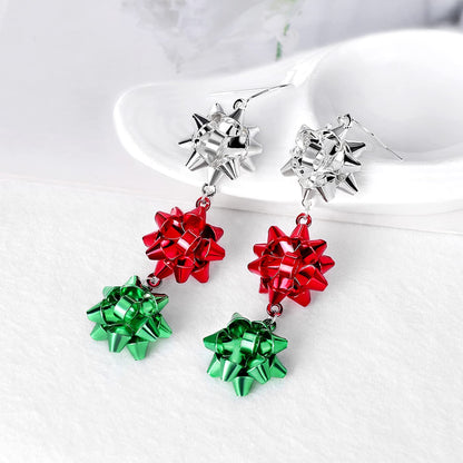 Christmas Earrings for Women, Cute Green Christmas Gift Bow Dangle Earring, Holiday Crazy Party Drop Stud Earrings (Colorful Bow)