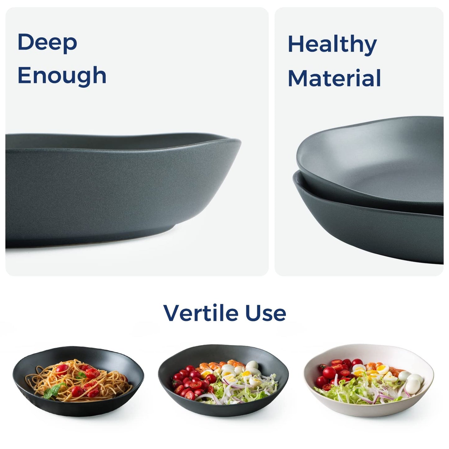 AmorArc 9.75'' Ceramic Large Pasta Bowls, 38oz Stoneware Flat Serving Bowls Set of 4, Oven,Microwave&Dishwasher Safe Bowls with Wavy Rim for Fruit Pasta Salad Meal, Reavtive-Matte