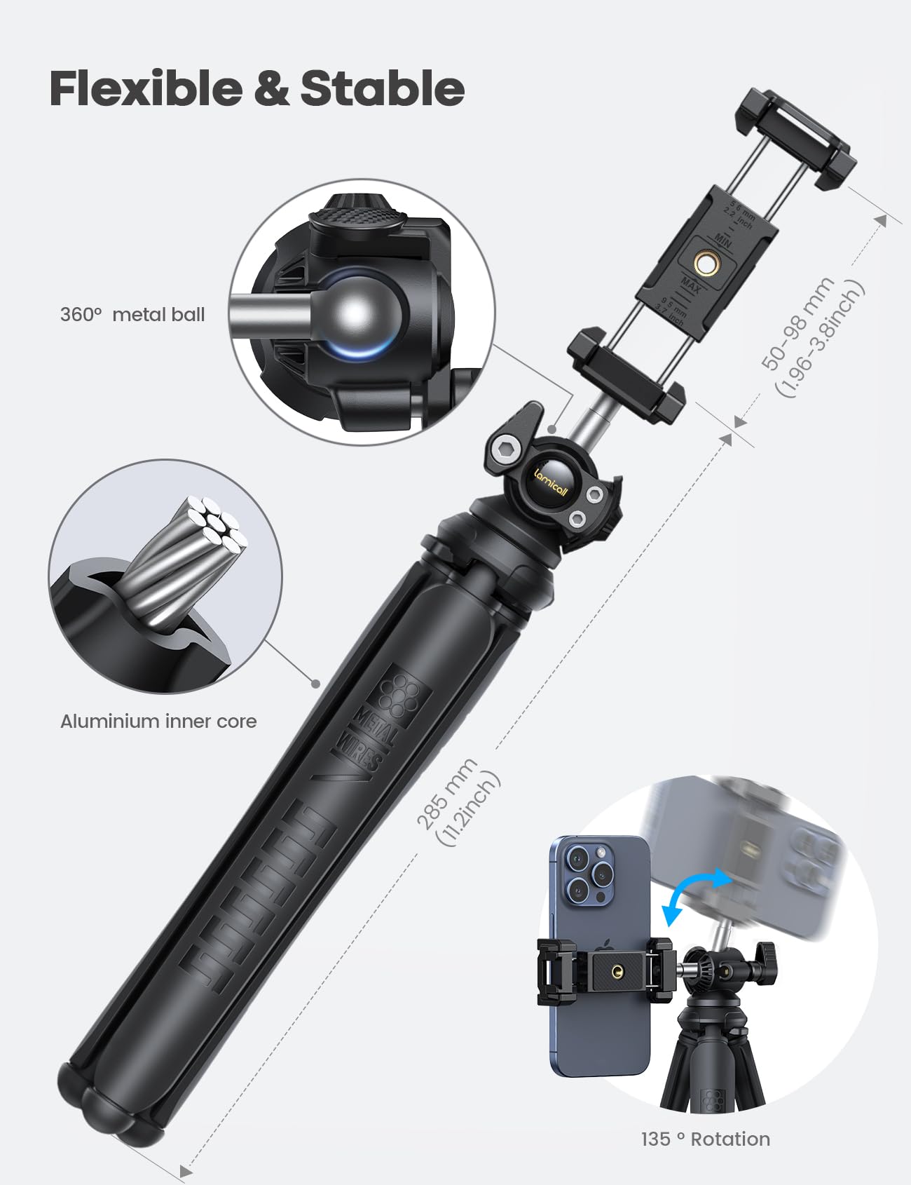 Lamicall Mobile Phone Tripod, Flexible Camera Tripod - Mini Cellphone Tripod Stand Holder, 360° Rotating Travel Smartphone Tripods Mount for Live Streaming, Cellphone, Camera