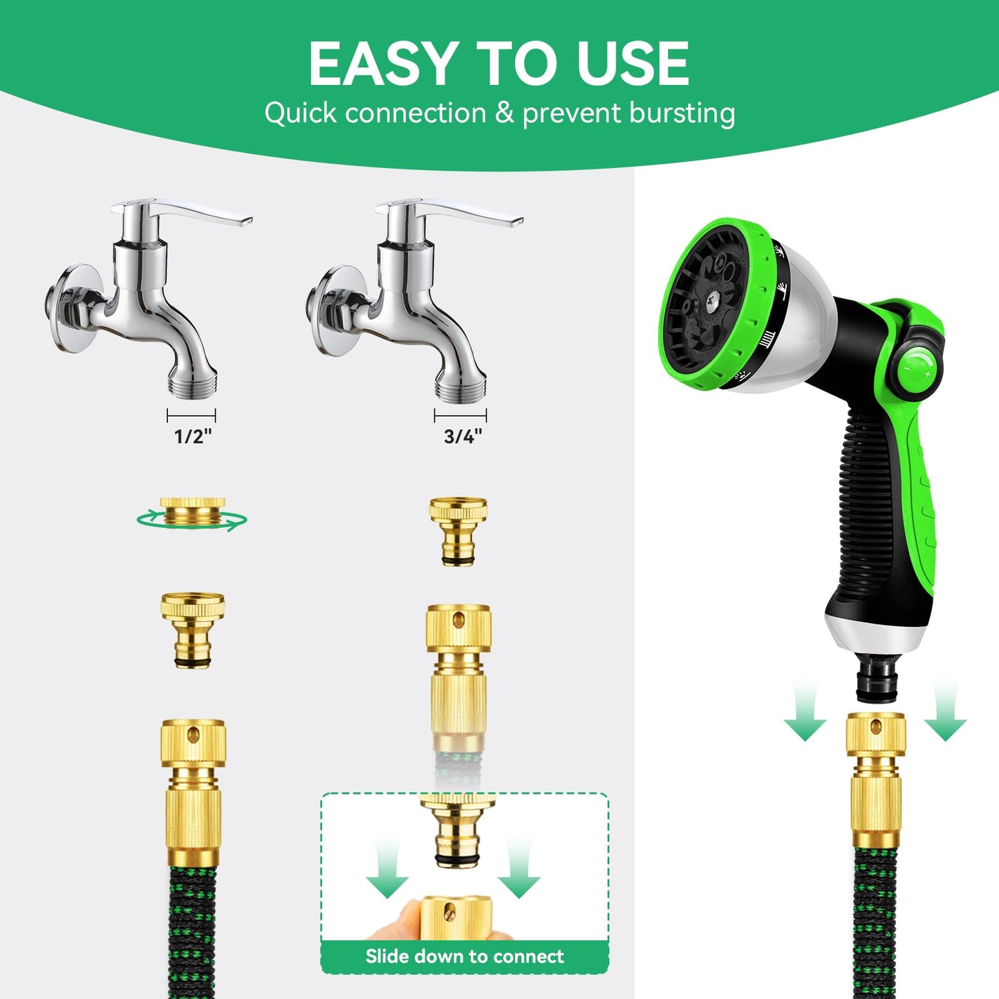 100FT Garden Hose – Upgraded 3-Layer Latex, No-Kink Expandable Water Hose with 3/4"& 1/2" Metal Connectors, 10-Function Spray Nozzle, Flexible Hose Pipe for Gardening, Washing & Cleaning