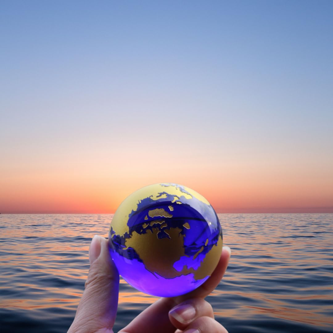 Besot Crystal Glass Marbles earth globe world map Quartz Crystals Sphere terrarium Desk Ornaments nautical home decor (Gold 3.15inch)