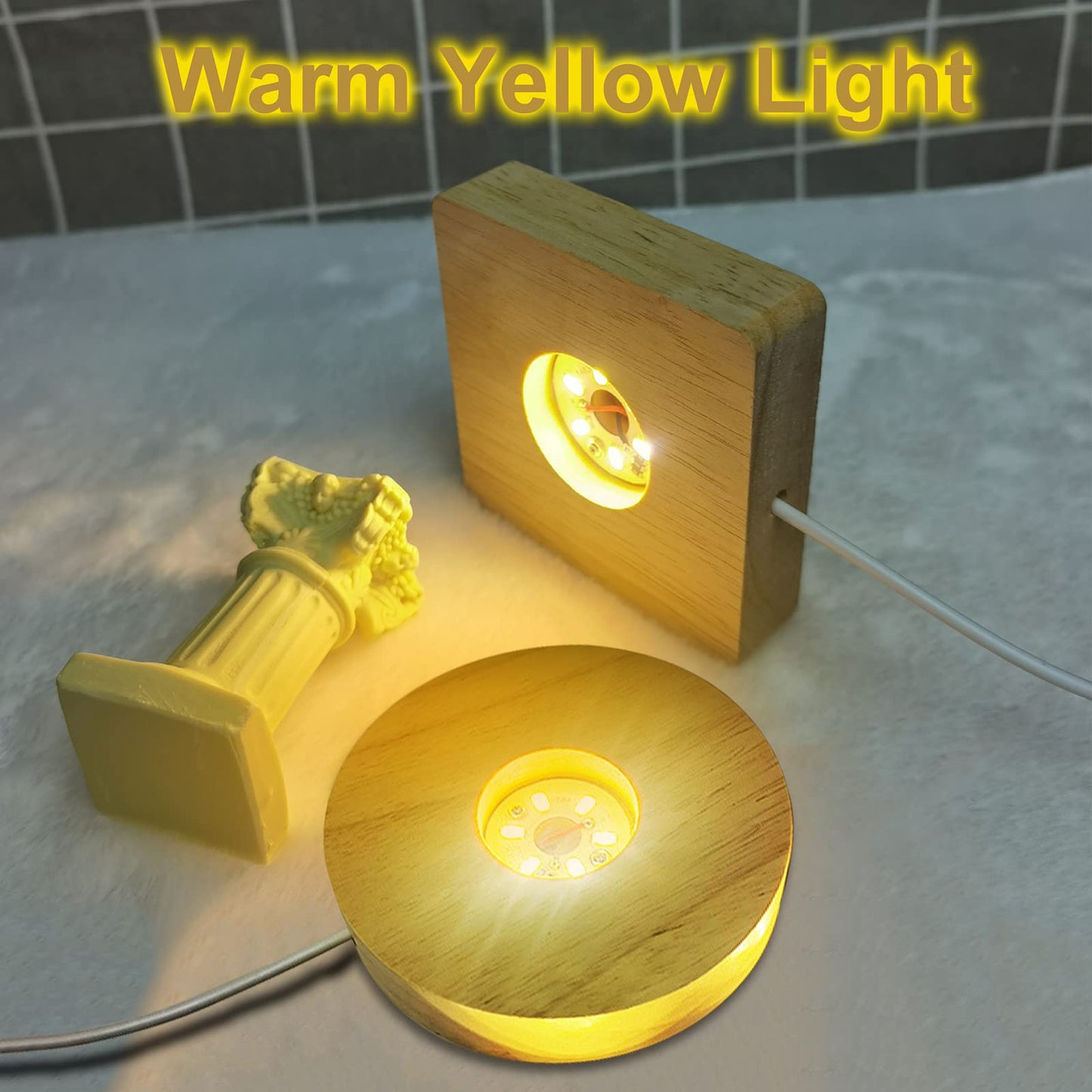 Voaesdk 2PCS LED Lights Display Bases for Resin Mold,3.14 Inch Square & Round Wooden Lighted Base Stand for 3D Laser Crystal Glass Resin Art