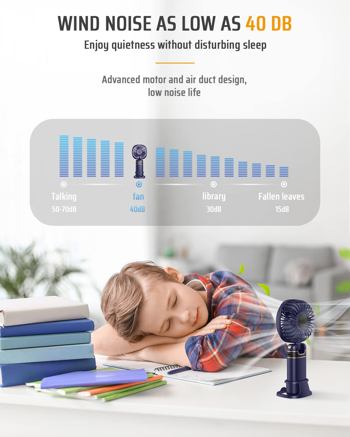 FAPPEN Mini Handheld Fan, Portable USB Hand Held Fan, Rechargeable 5 Speeds Folding Hand Fans with Base and Lanyard for Home Office Bedroom Outdoor Travel(Deep Blue)