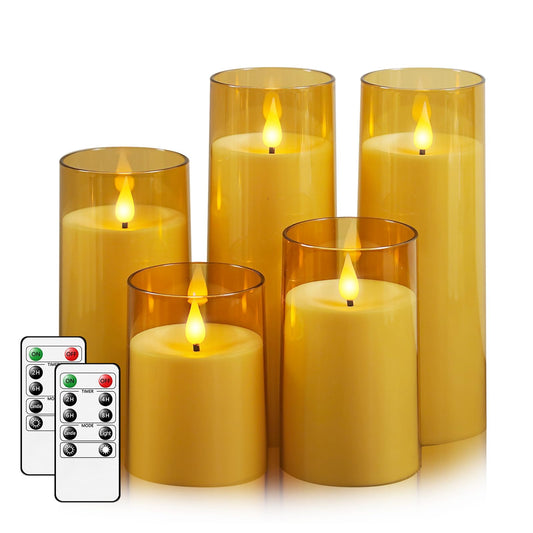 Fo32won Amber LED Flameless Pillar Candles Battery Operated with Remote and Timer, Set of 5 (D 3"×H 4" 5" 6" 8" 8") Decorative Plexiglass Flickering Candles with 3D Flame