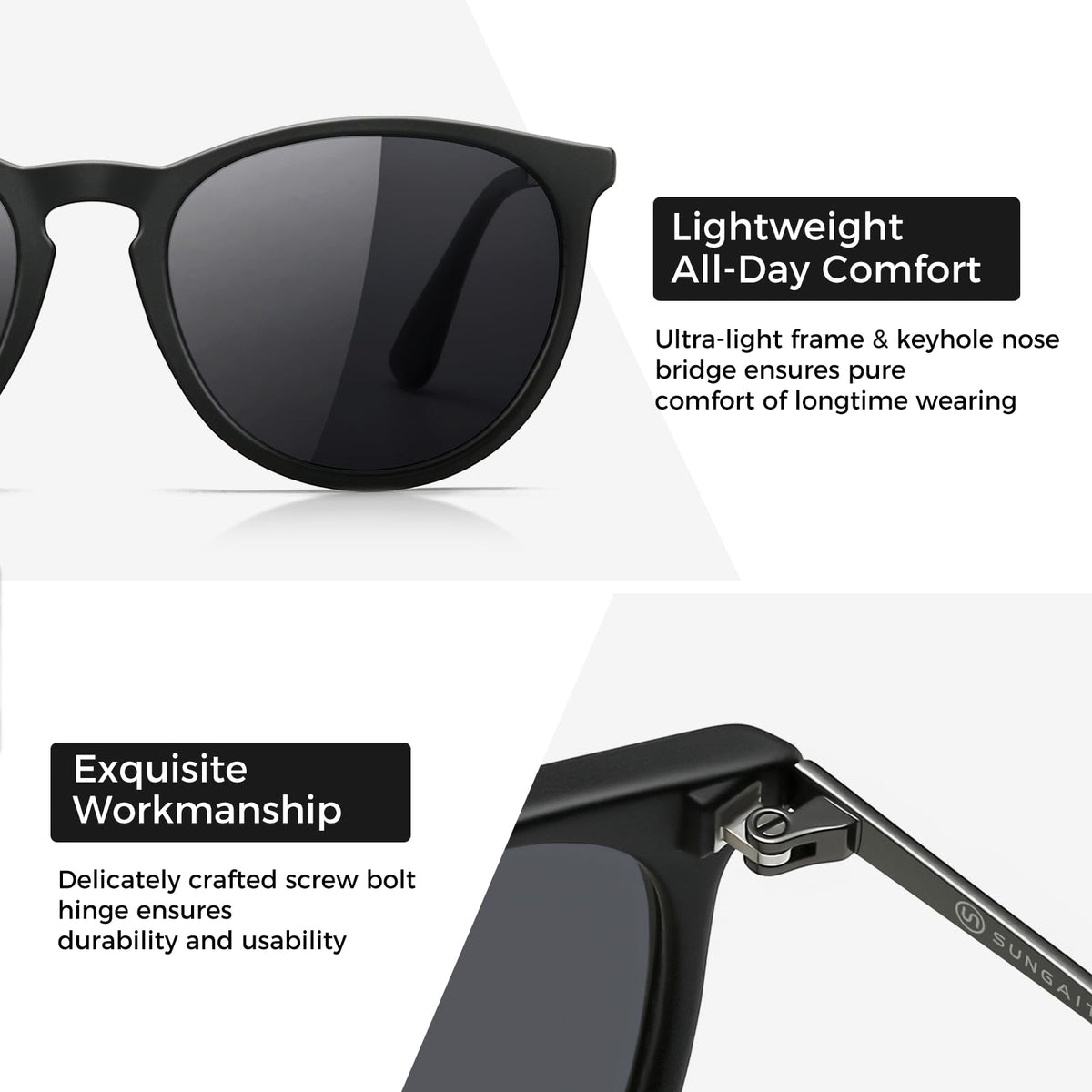 SUNGAIT Vintage Round Sunglasses for Women Men Classic Retro Designer Style (Black Frame(Matte Finish)/Polarized Grey Lens) 1567 PGHKH