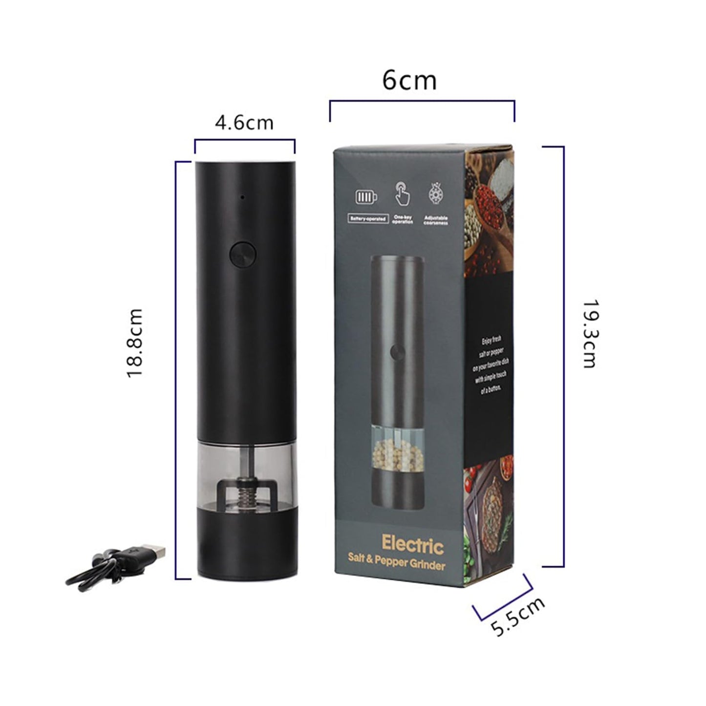 Lecroooi Electric Pepper or Salt Grinder, Automatic Pepper Mill with LED Light, Rechargeable Adjustable Coarseness Salt & Pepper Mill, Ideal for Kitchen, Outdoor, BBQ (1 Pack,Black)
