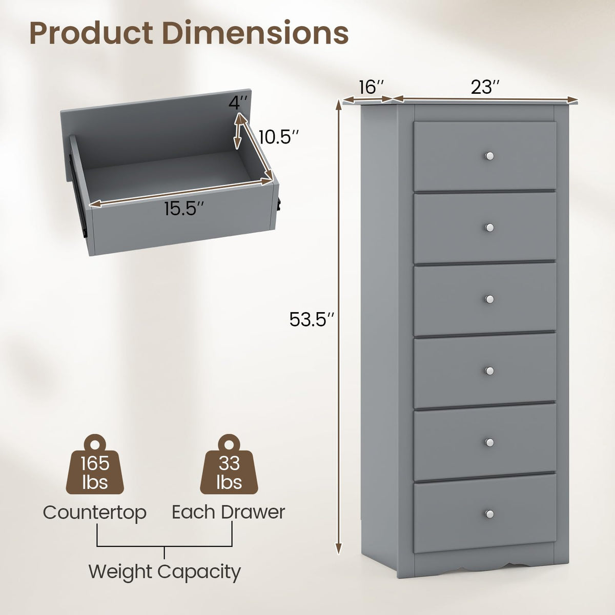 Giantex 6-Drawer Dresser for Bedroom, Wooden Chest of Drawers w/Metal Handles & Large Capacity, 16" D x 23" W x 53.5" H Clothes Organizer, Modern Tall Dresser for Bedroom, Entryway, Living Room