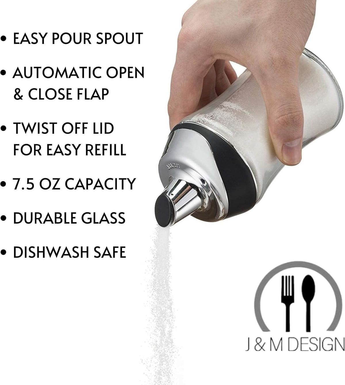 J&M Design 2-Pack Glass Sugar Dispenser & Shaker for Coffee, Cereal, Tea & Baking with Pour Spout and Lid for Easy Spoon Measuring Pouring - 7.5oz Jar Container - Coffee Bar Accessories & Essentials