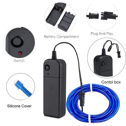 MaxLax EL Wire Blue, 16.4ft/5m Portable Battery Pack Neon Lights Strip 360° Cuttable Glowing Rope Lights for Parties, Halloween, DIY Decoration