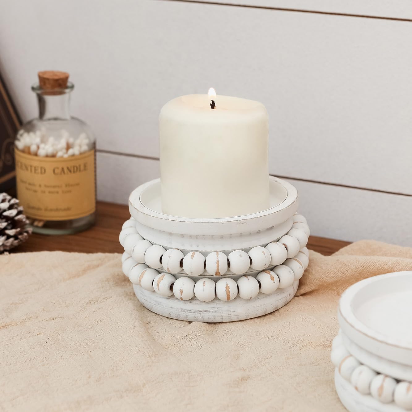 NIKKY HOME Farmhouse Beaded Wood Pillar Candle Holders Set of 2, White